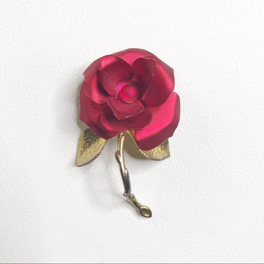 Vintage SATIN ENAMEL ROSE FLOWER BROOCH Signed USA